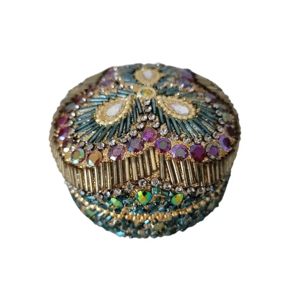Vintage Beaded Trinket Jewelry Box Round Domed Iridescent Gold Turquoise Pink